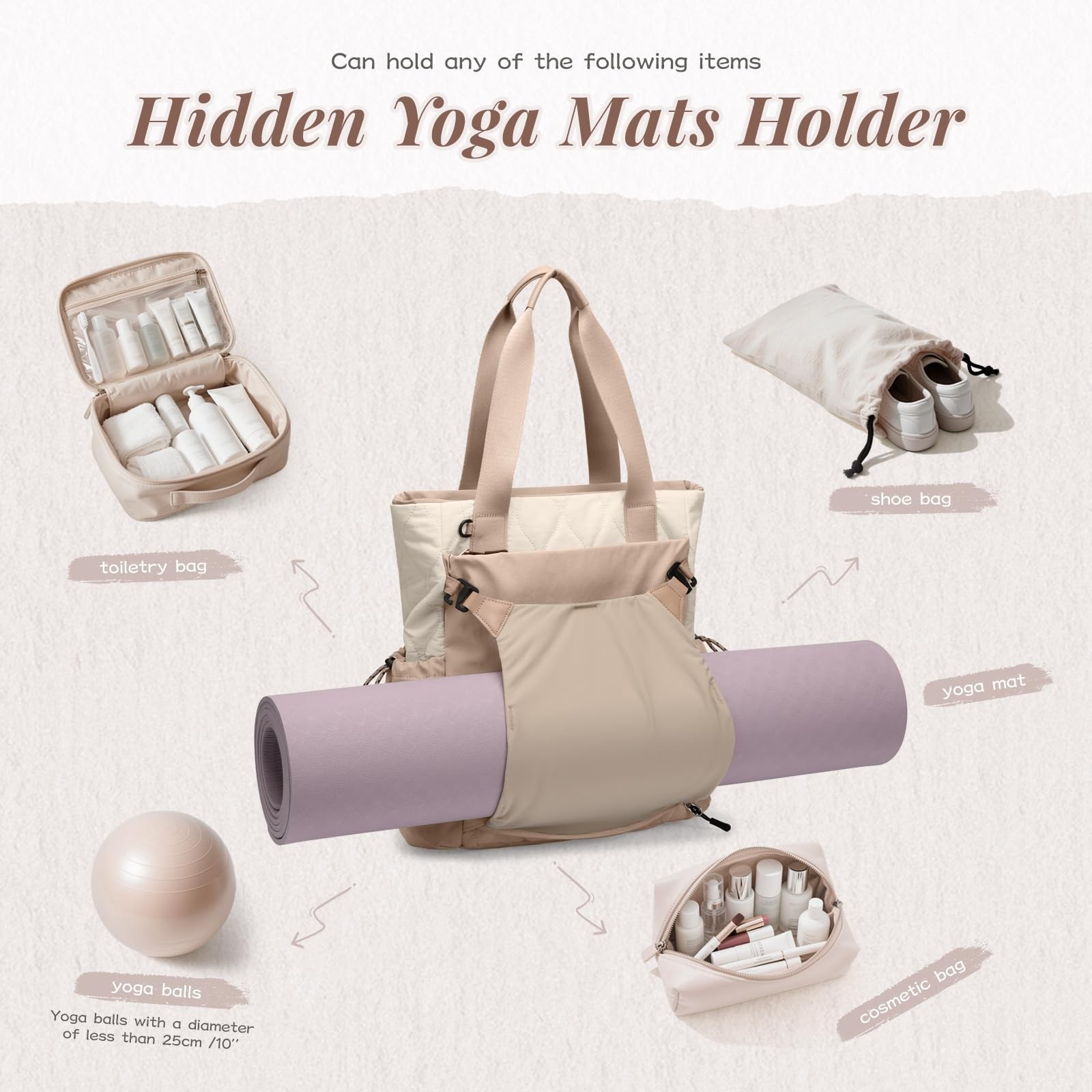 Convertible Laptop Backpack Yoga Sports Bag Quilted Tote Mat Carrier Beige