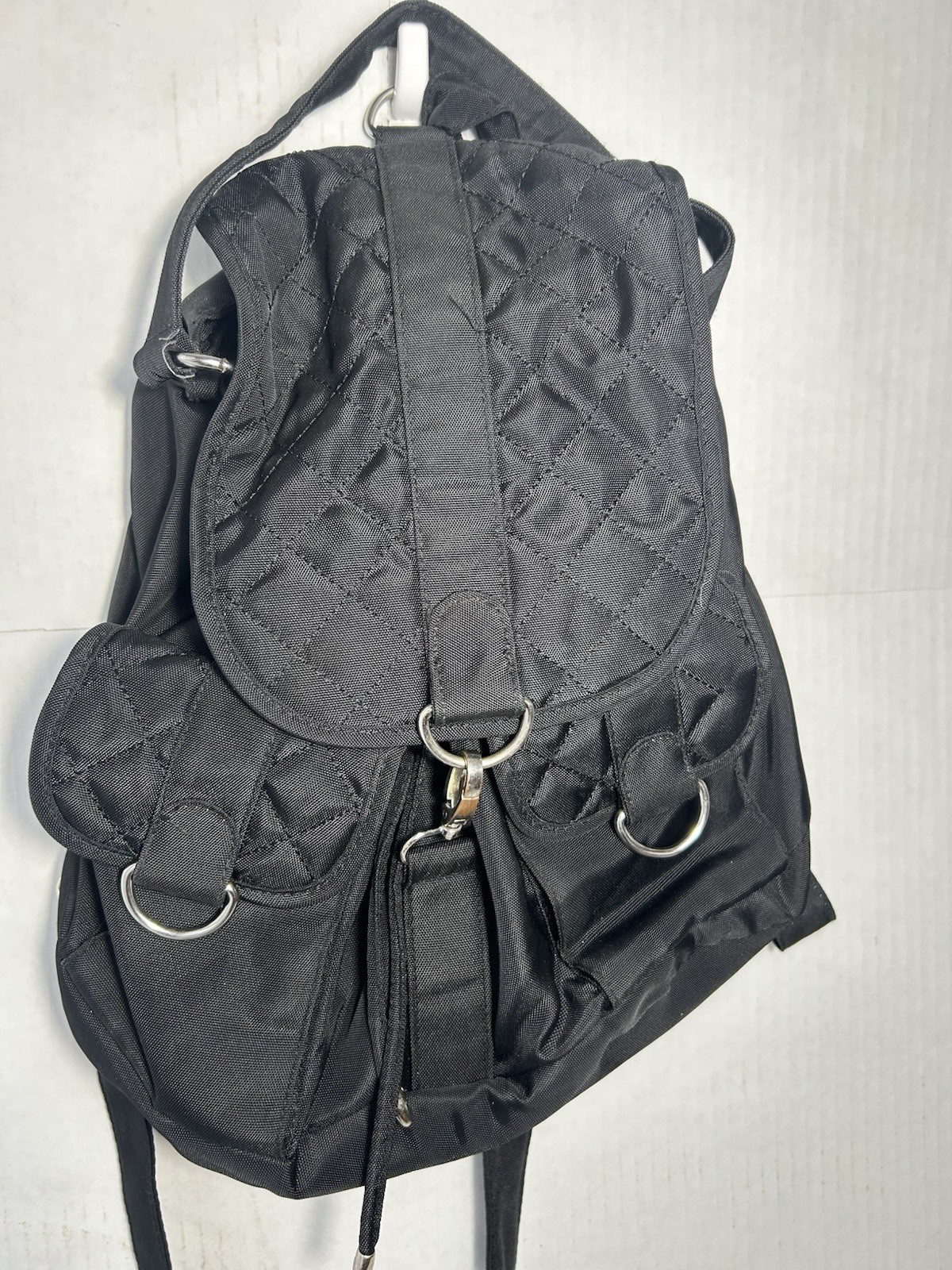 Black Men’s Backpack Drawstring Closure Quilted Flap Pockets Adjustable Strap