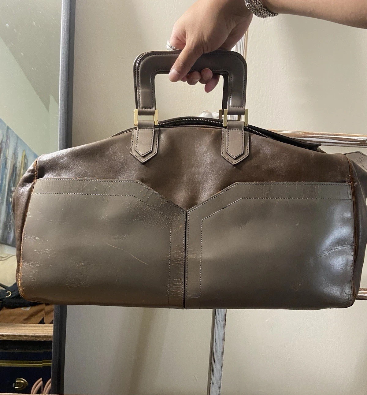 Thrashed YSL Saint Laurent Small Leather Boston Duffle Travel Bag, Poor Cond