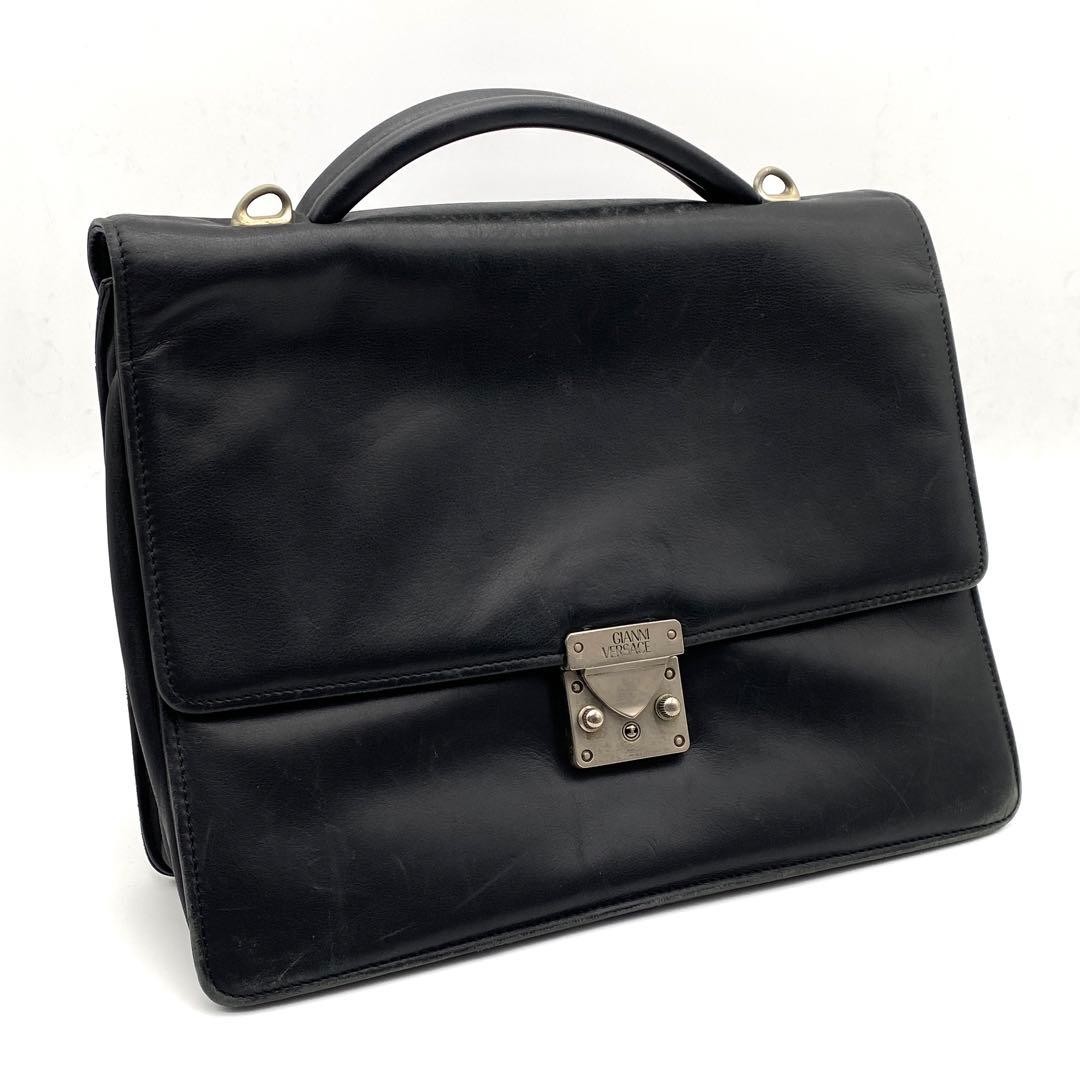 Gianni Versace Leather Briefcase Black Business Bag 30x21x8.5cm Auth From Japan