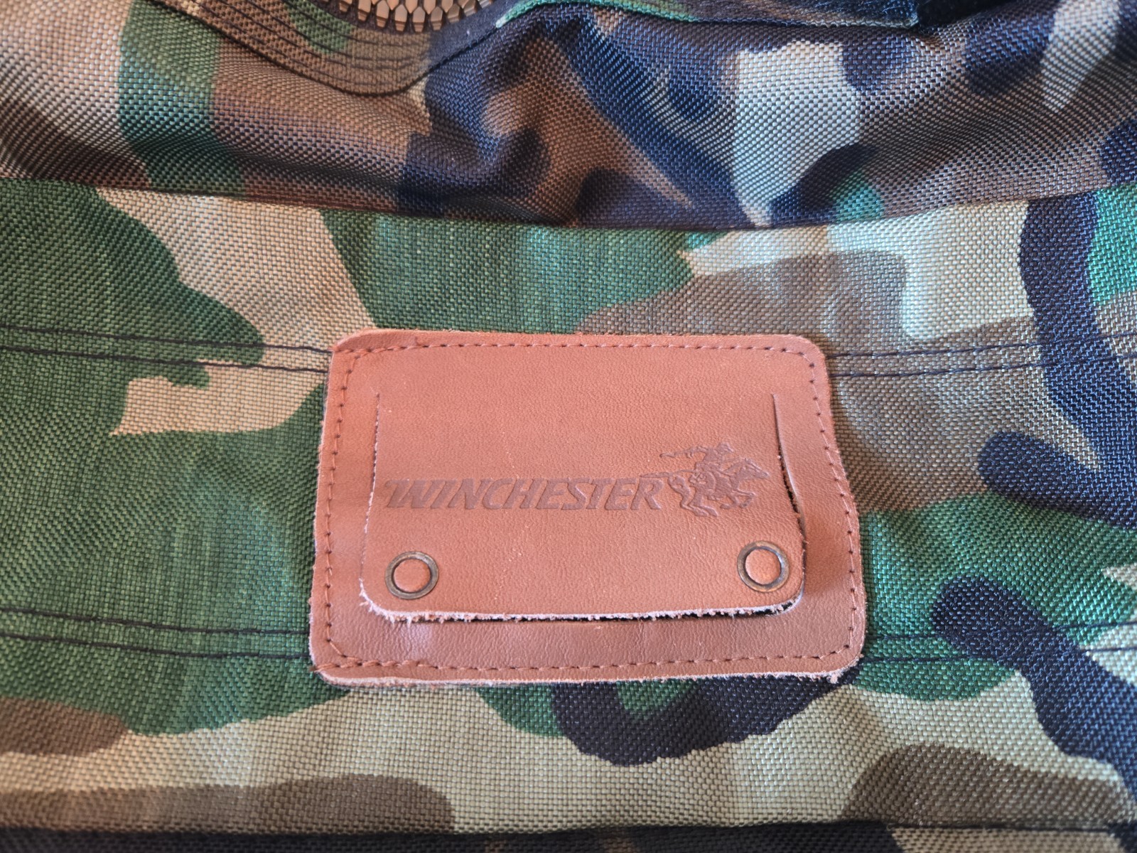 Vintage Camo Winchester Duffle Bag Single YKK Zipper Med Size 21x14x14” One Tear