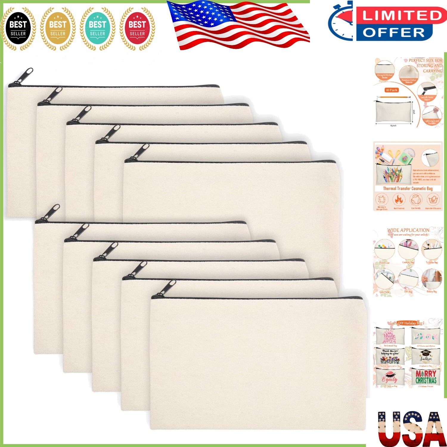 10 Blank Canvas Zip Bags – Perfect for DIY Crafts, Travel, and Cosmetic Storage