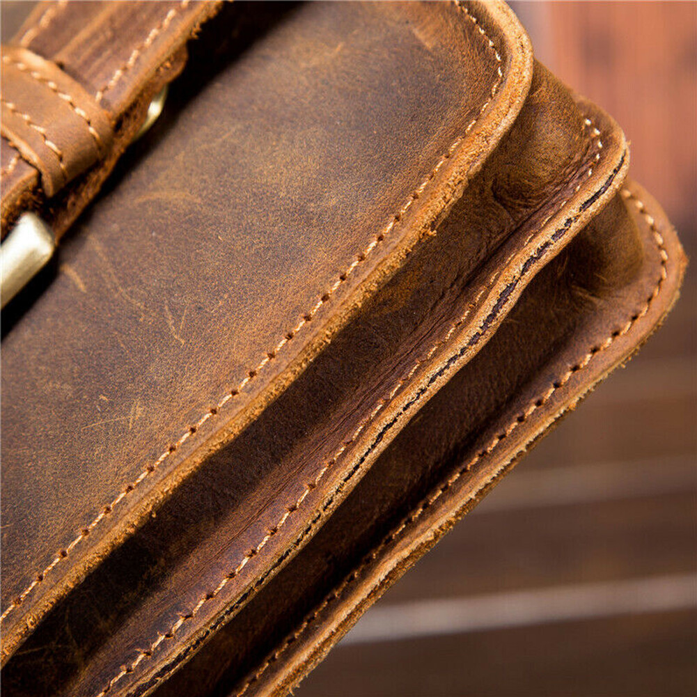 Crazy Horse Leather Men Small Waist Bag Pouch Hook Fanny Waist Belt Pack-