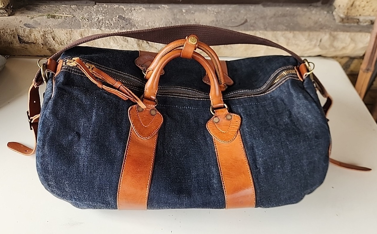 Vintage Double RL RRL Ralph Lauren Polo Leather Denim Duffel Bag Blanket Lined