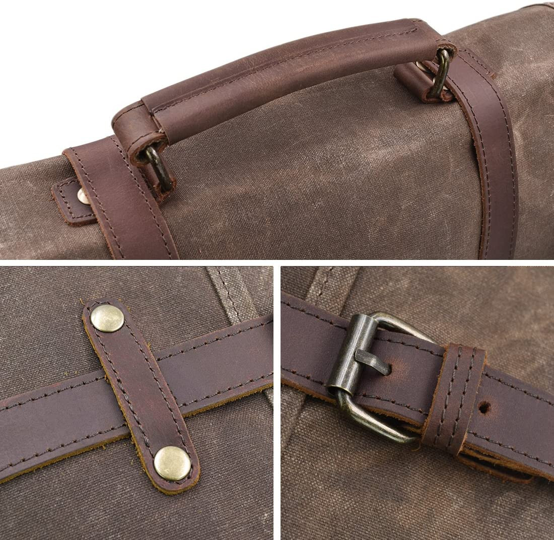 Men’s 15.6″ Waterproof Vintage Leather & Canvas Messenger Bag, Brown
