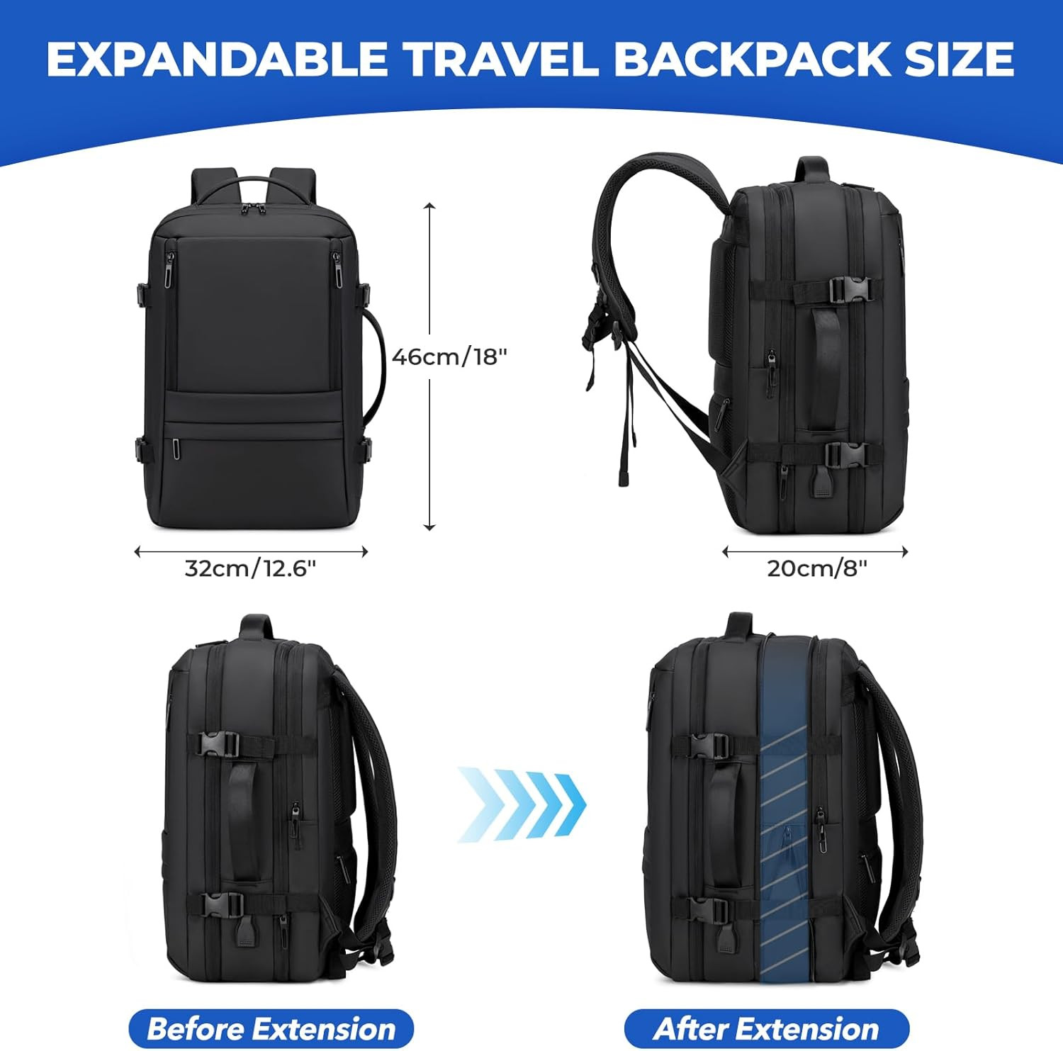 Carry On Travel Backpack Flight Approved for Men Women, Black | Expandable, Busi