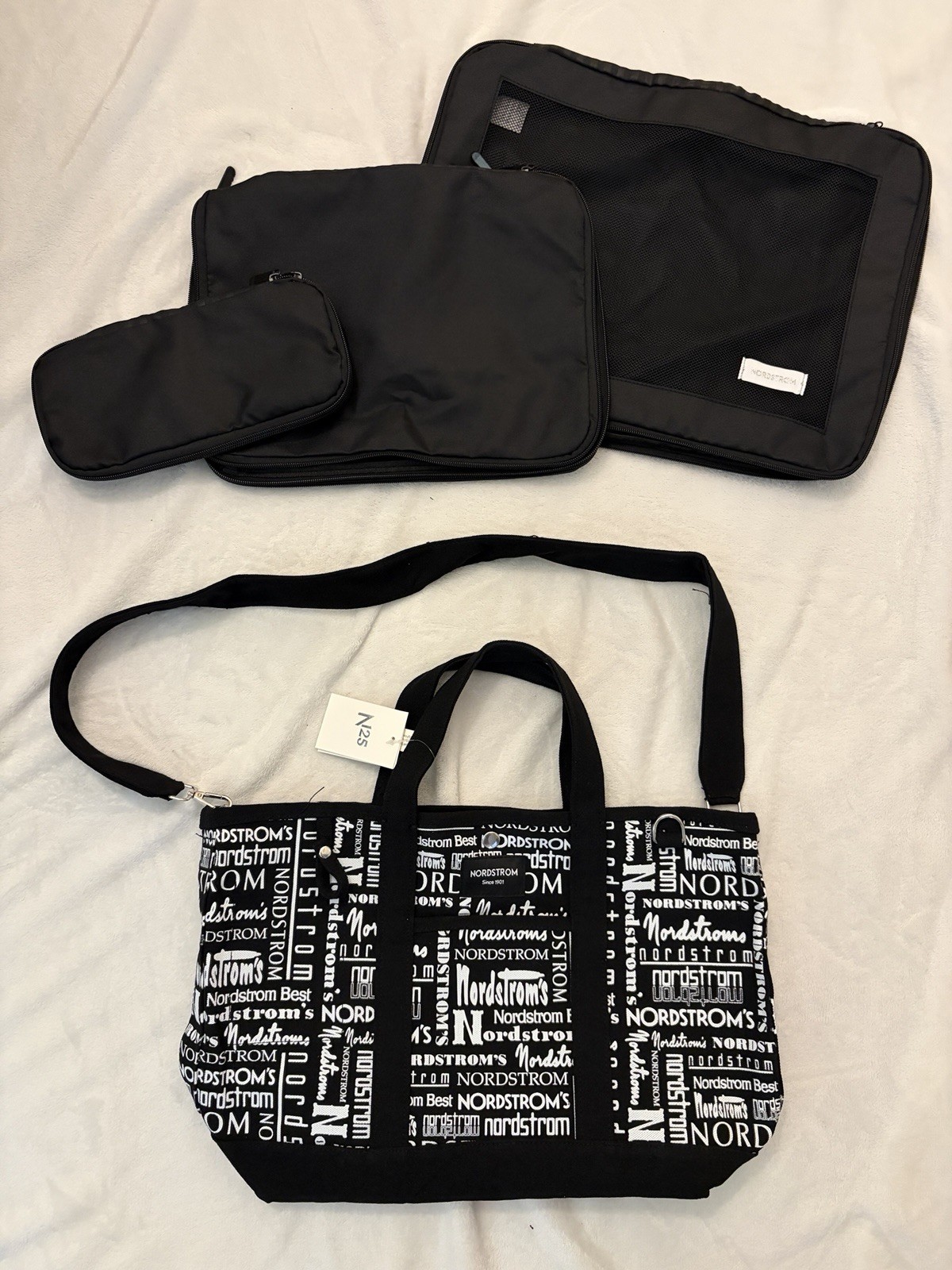 Nordstrom 125 Anniversary Black/White Logo Tote Bag + 3 Nesting Packing Cubes