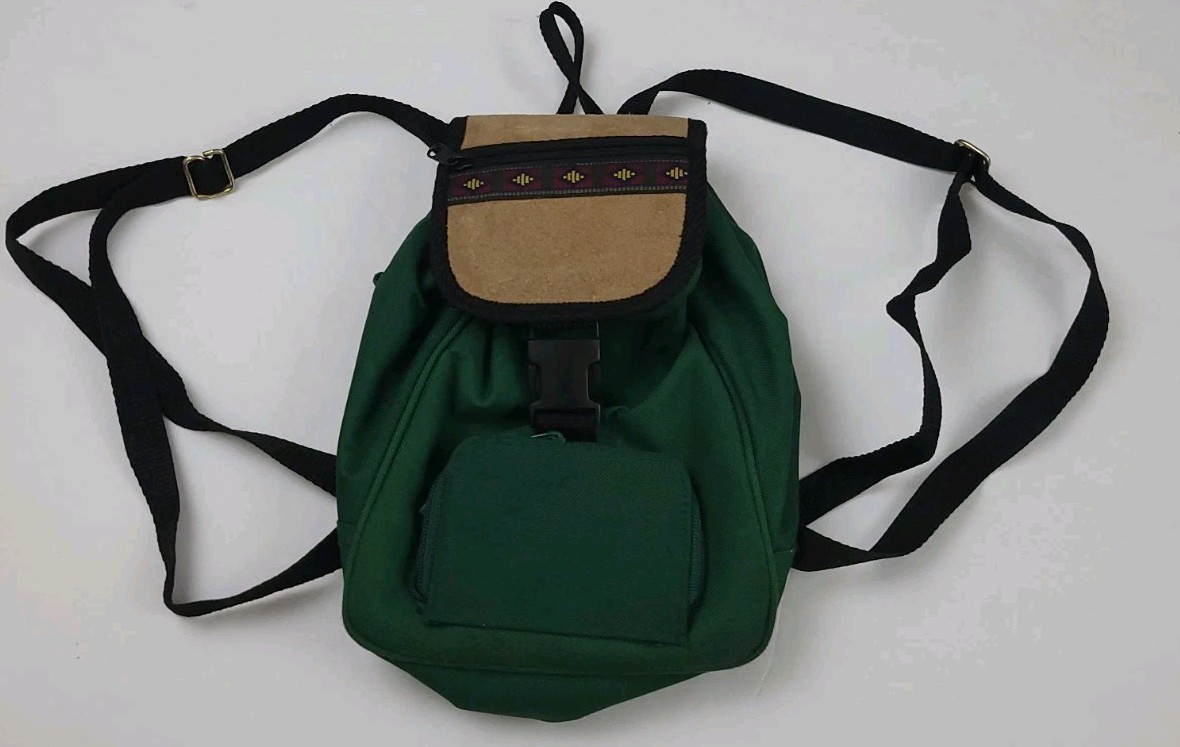 Vintage Mini Backpack Green Suede Multicolor Tribal Aztec Travel Multi Pocket