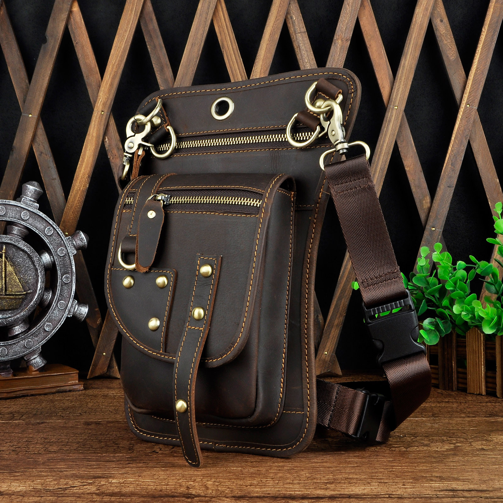 Mens Waist Pack Messenger Shoulder Bag Genuine Leather Motorcycle Drop Leg Bag