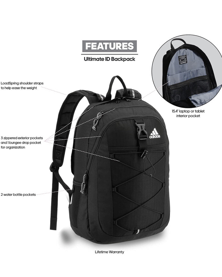 Adidas Ultimate ID Backpack Black School College Travel Bag Lifetime Warranty