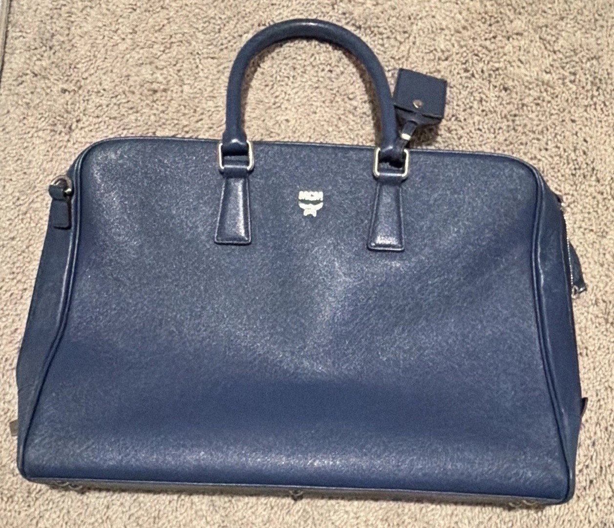 MCM Blue Medium Satchel Zip Top Handle, Silver Hardware, Detachable Strap