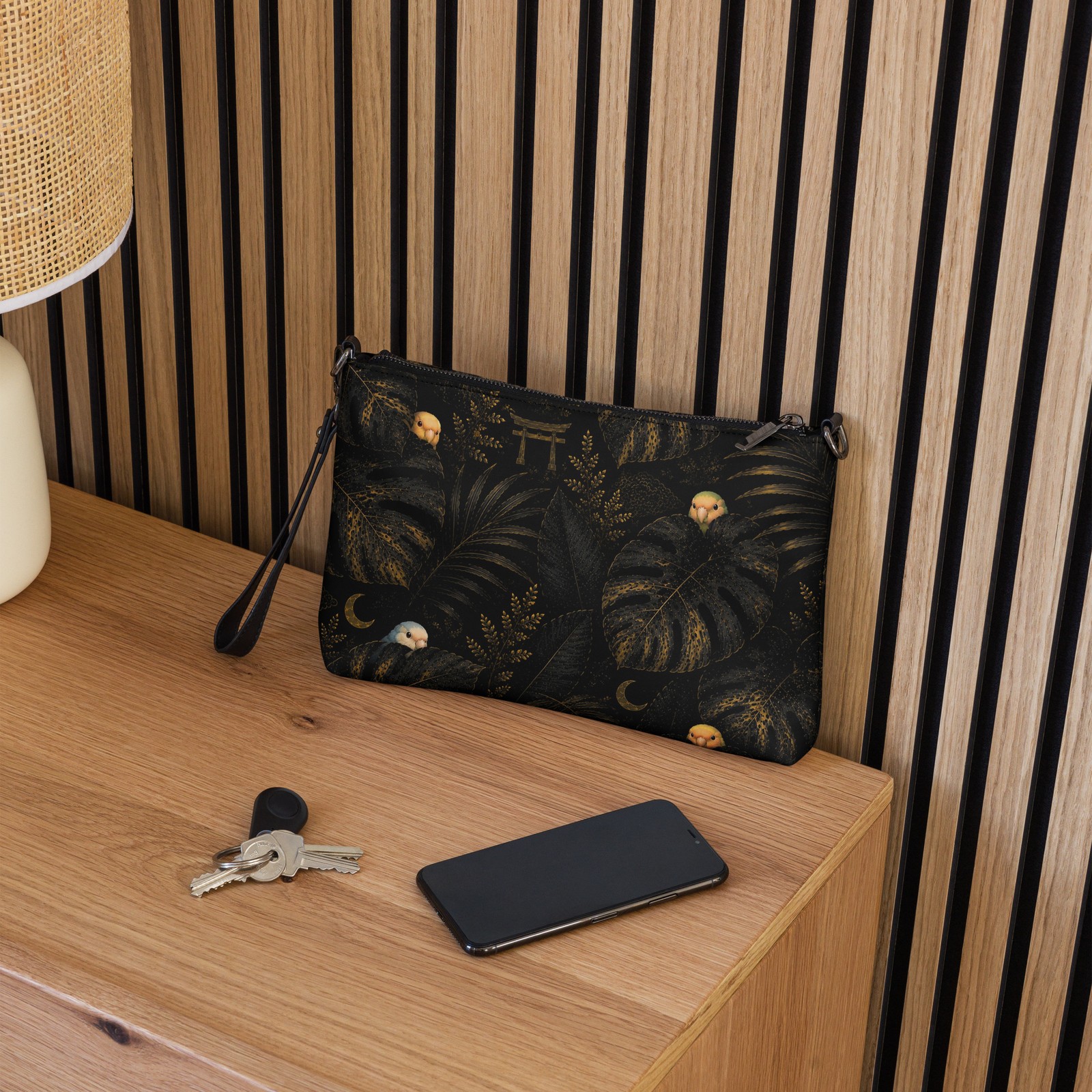 Lovebird Crossbody Bag, Black Gold Bird Purse, Faux Leather Handbag