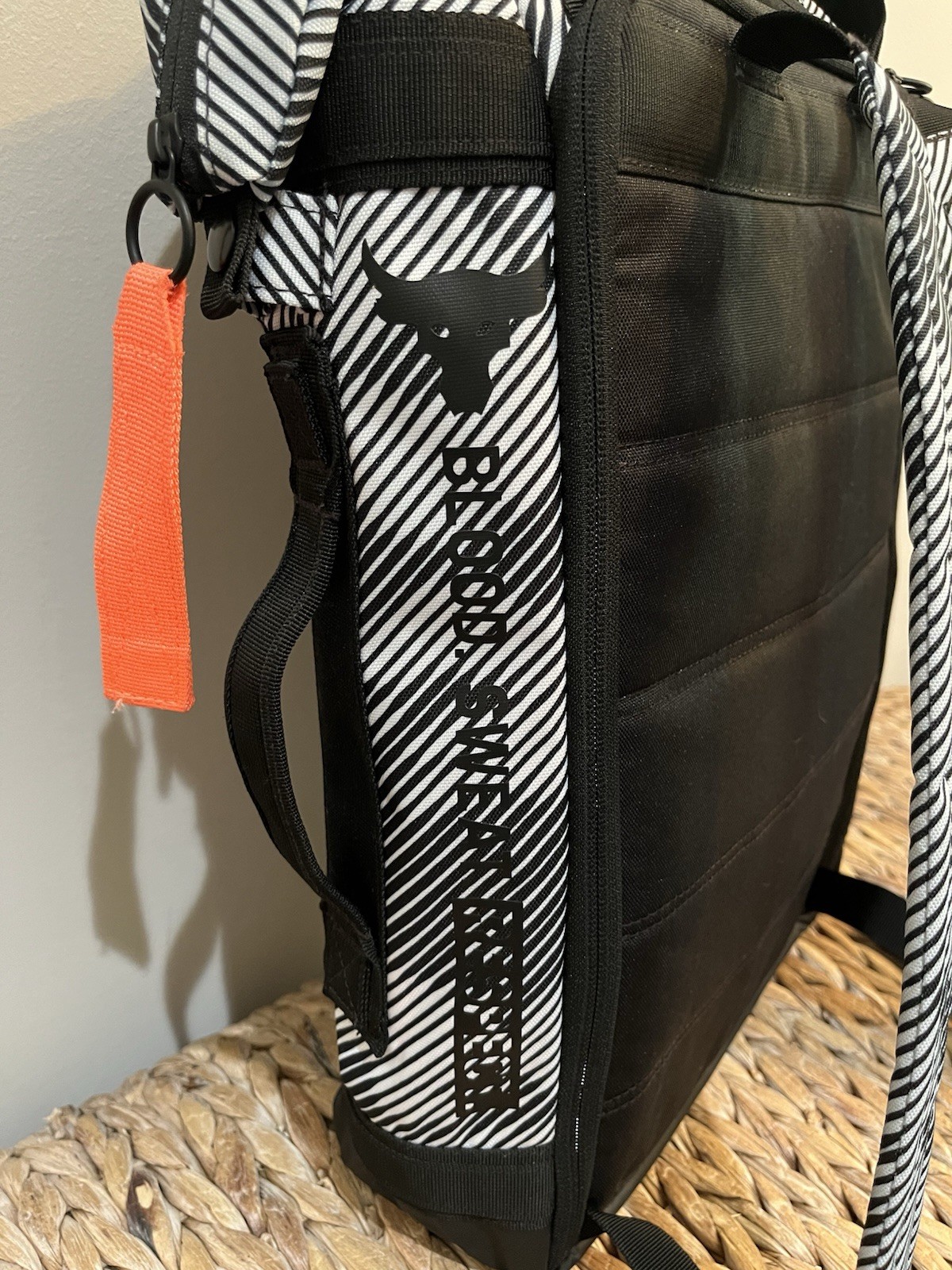 Under Armour Project Rock Box Duffle Backpack Black White Stripe Unisex NWOT