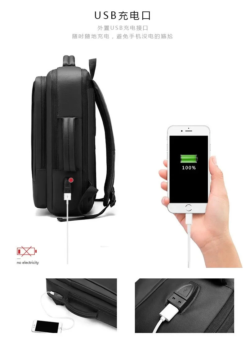 16in Waterproof Business Laptop With USB Port Multi Pocket Travel Work Backpack