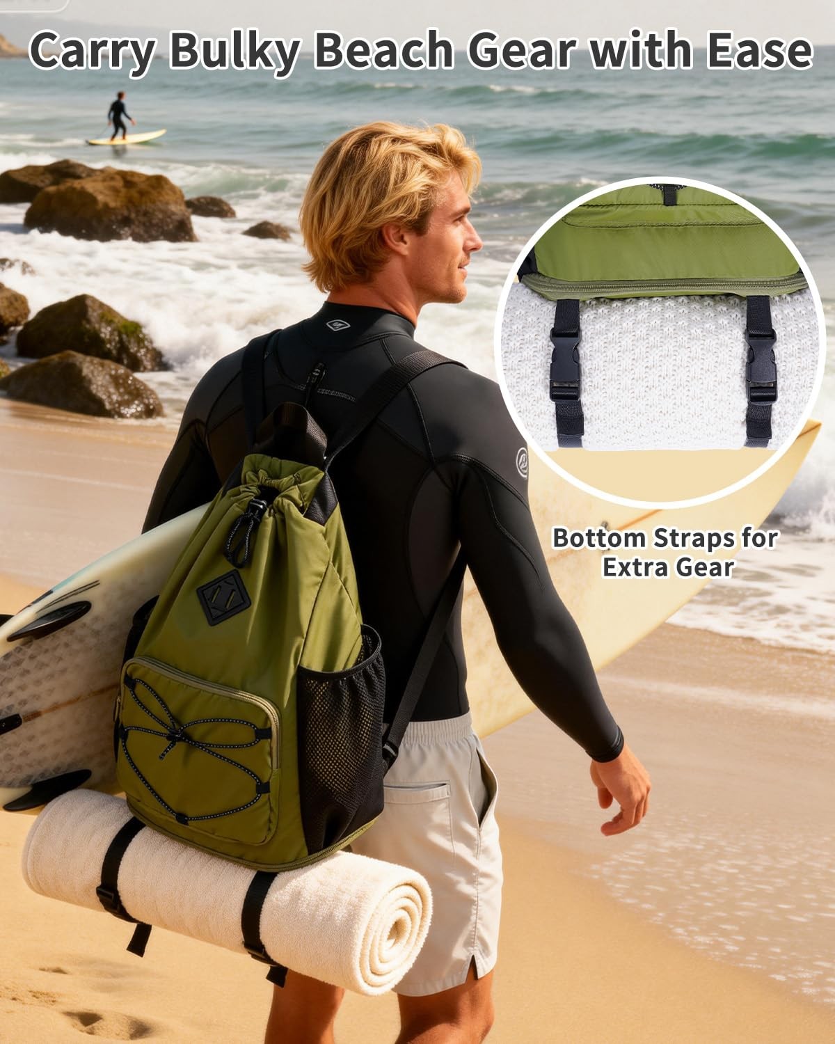 WANDF Drawstring Backpack with Removable Wet Pocket, Sandproof Beach Backpack…