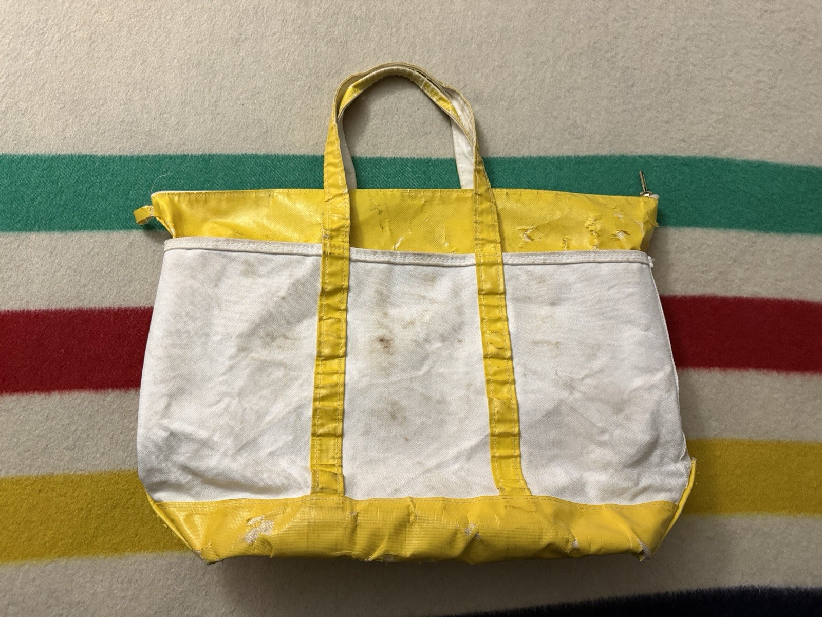 Vintage 90s LL Bean Boat & Tote Bag Rubber Distressed Thrashed Yellow 22×13”