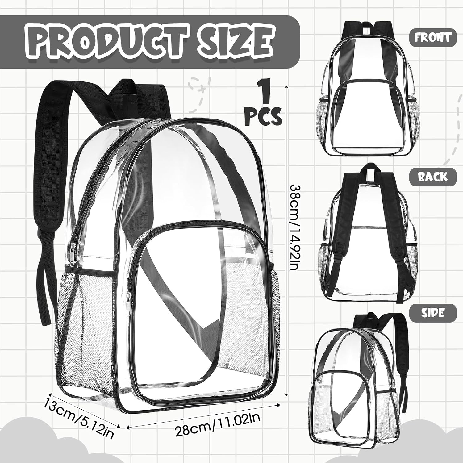 1 Pcs Clear Backpack for Stadium Events Heavy Duty PVC Transparent Bookbag for C