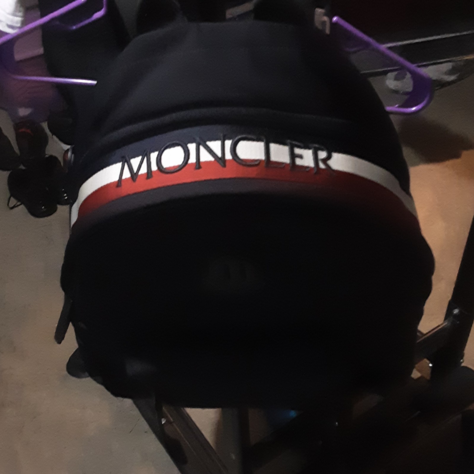 Moncler Black Red White Striped Backpack Adjustable Strap Zipper Closure