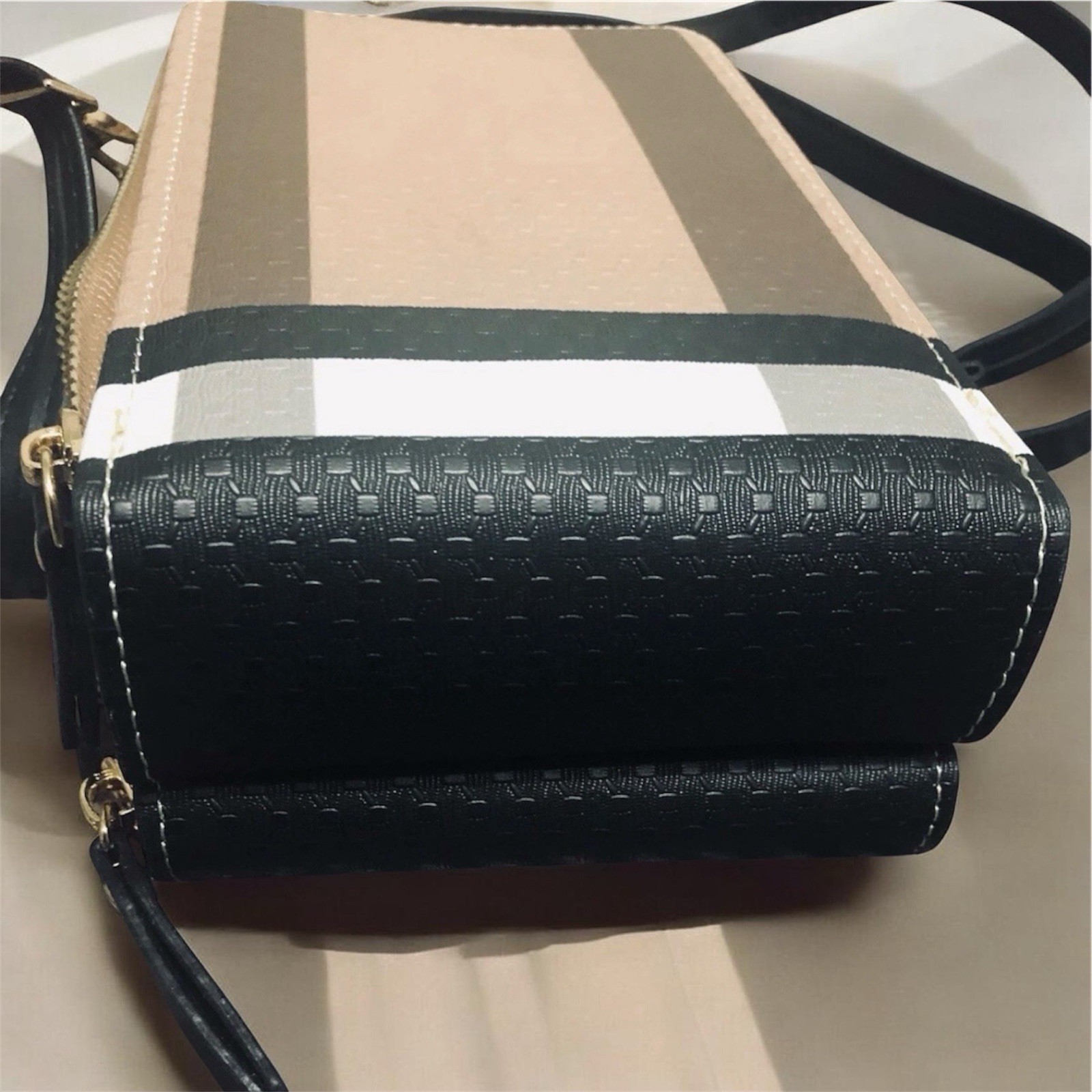 Beige & Black Striped Crossbody Bag, Zip Closure, Adjustable Strap