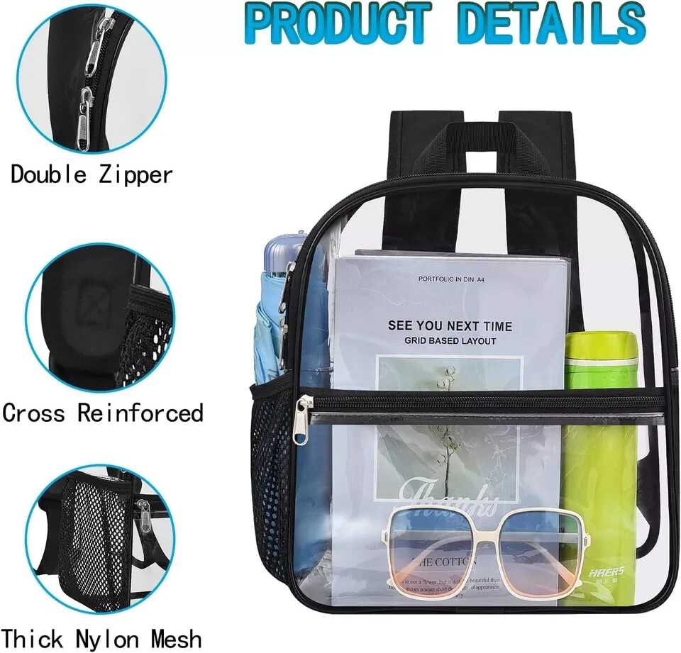 Clear Backpack for Stadium Events, 12x12x6 Small Plastic Small, Black