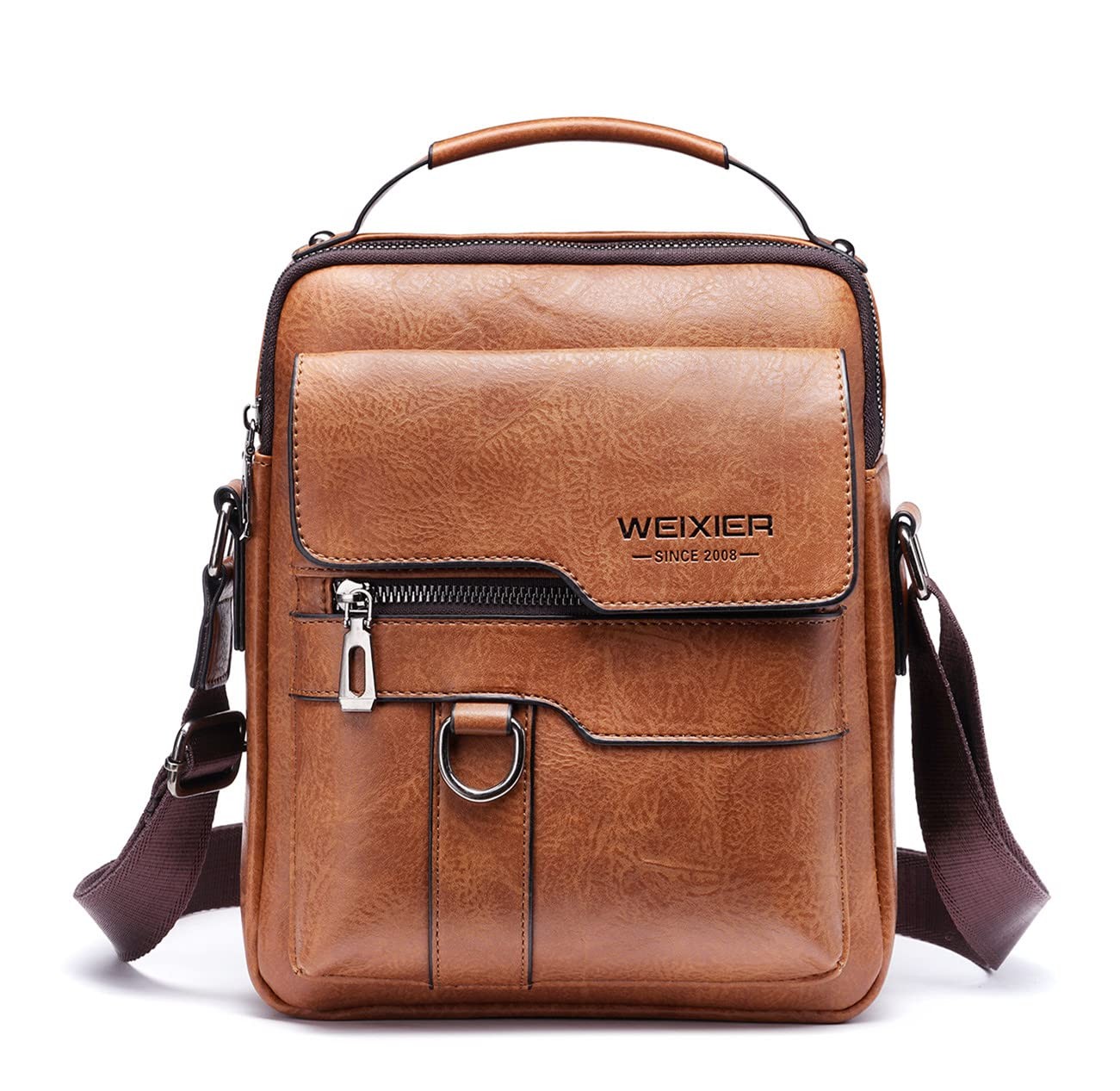 Zipper Buckle Leather Messenger Bag Vintage Handle Bags (Red-brown)