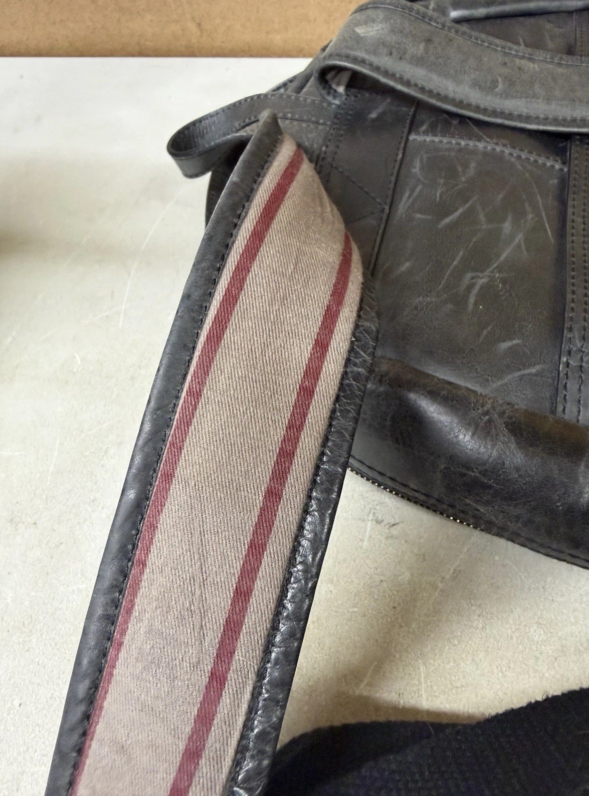 Rawlings Black Leather Rugged Backpack w/Zipper Closures & Striped Interior RARE