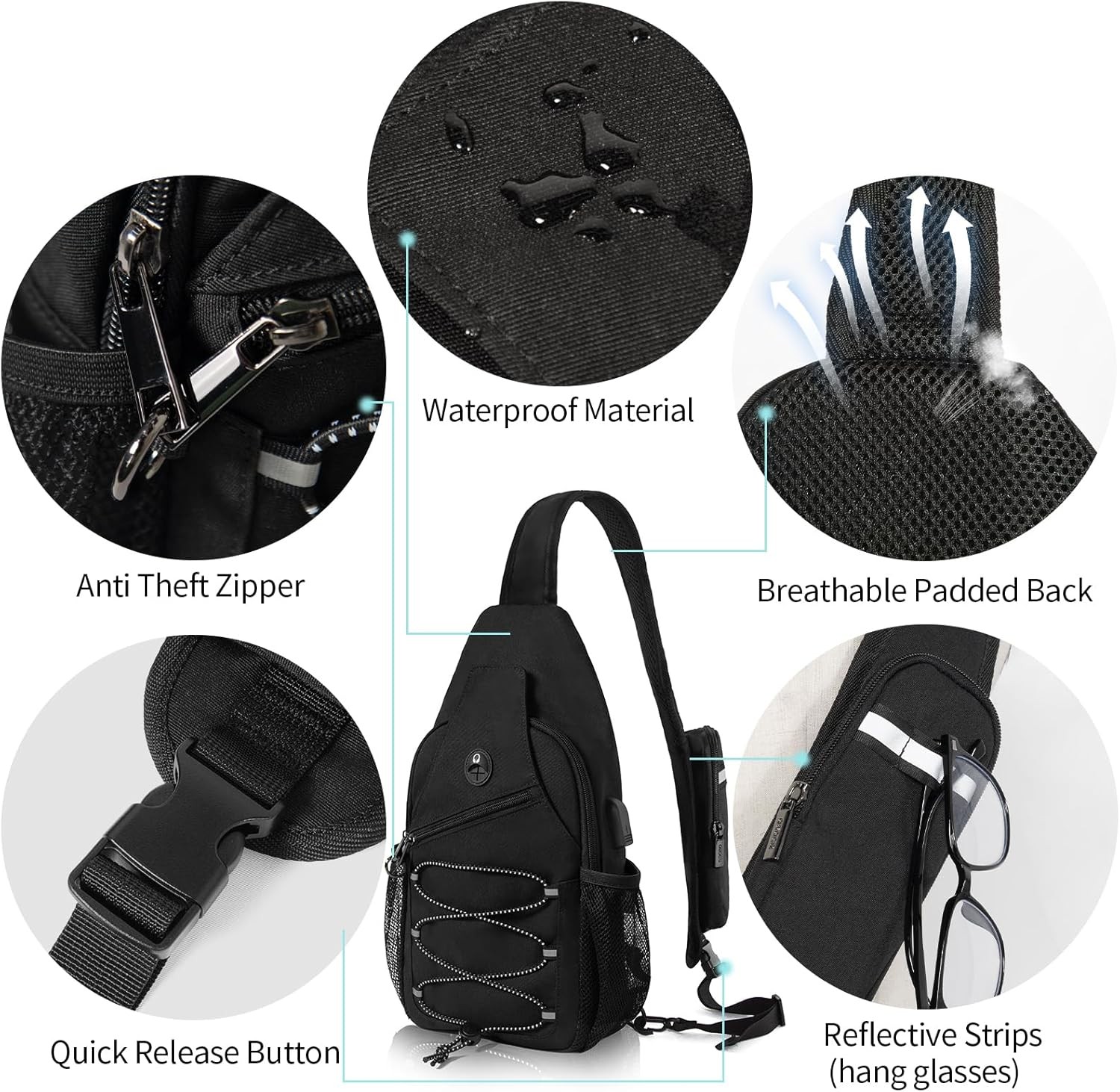 Sling Bag Crossbody Backpack, RFID Blocking Chest Shoulder Small, Black