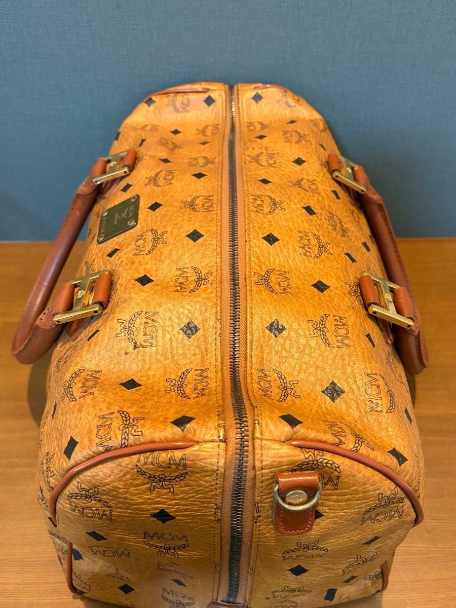 MCM Authentic Visetos Leather Handbag Brown Boston Bag Gold Logo Double Handle