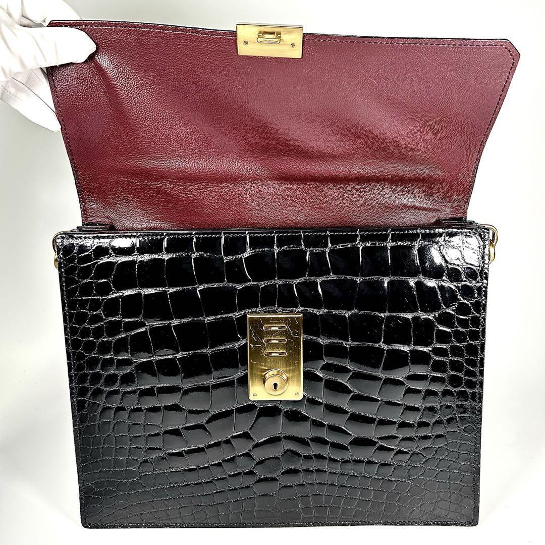 PRADA Real Crocodile Shining Center Business Bag hand bag Auth key charm