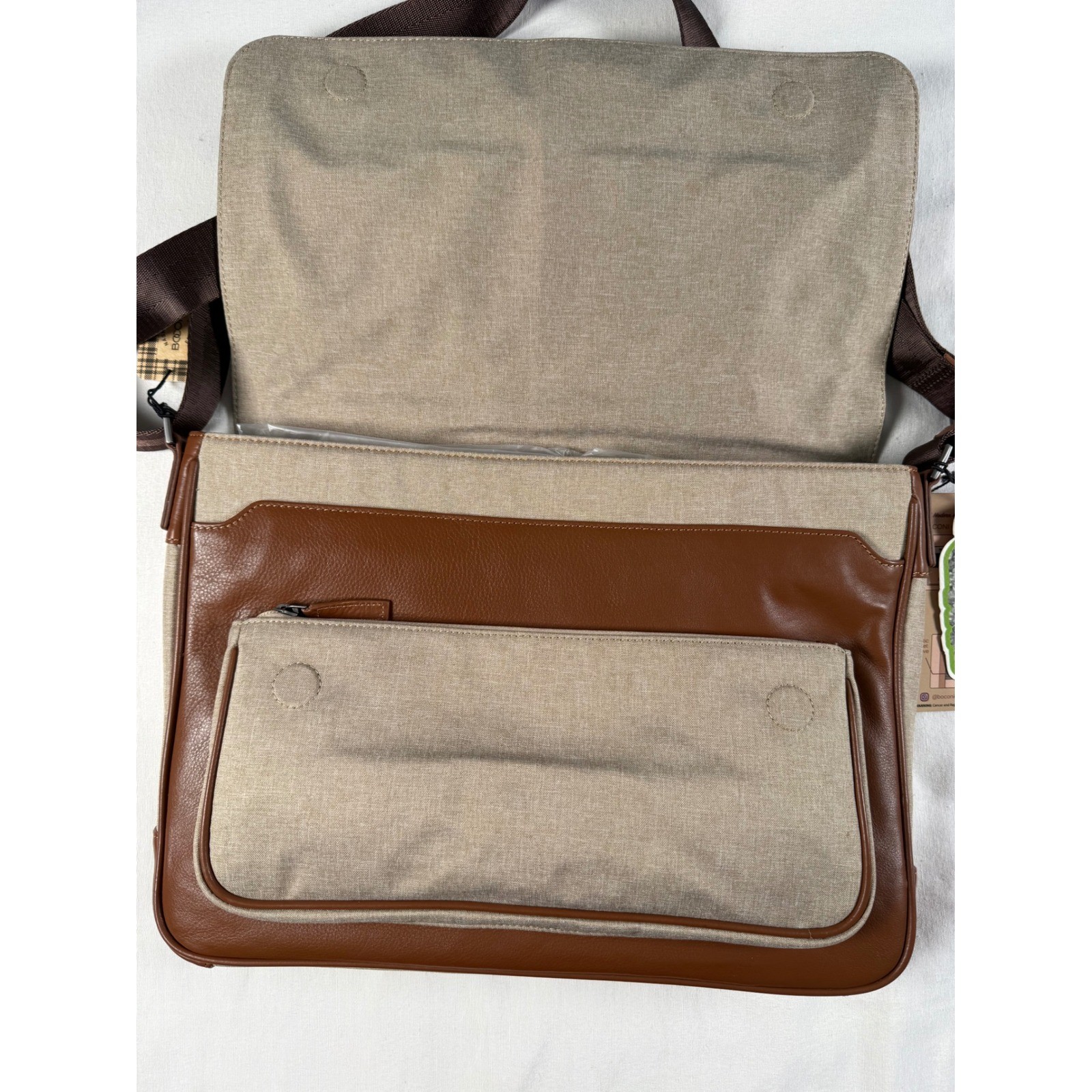 Boconi RPET Slim Messenger Bag Brown Leather Recycled Fabric Laptop RFID New
