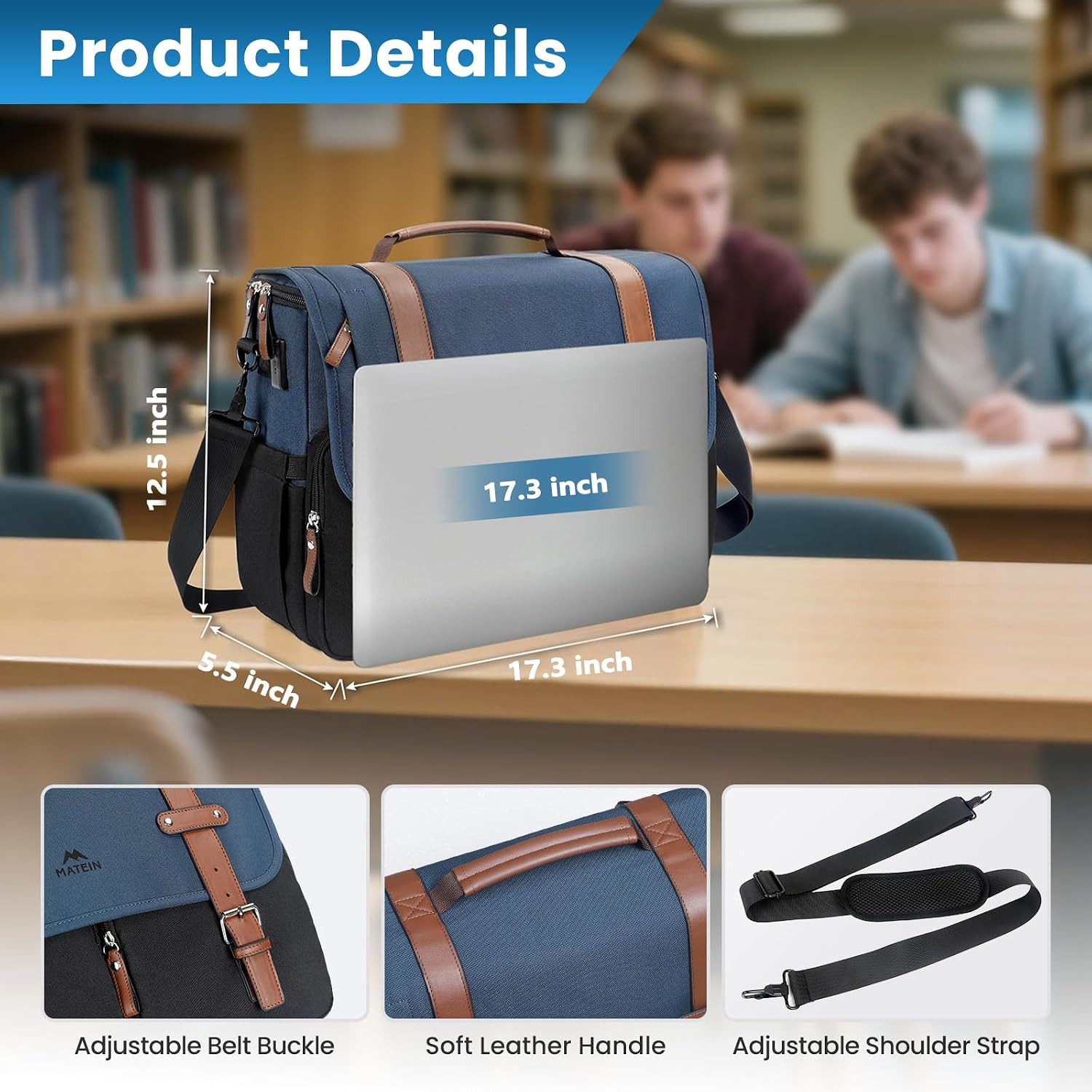 Professional Laptop Messenger Bag with USB Port, Water Resistant, 17.3