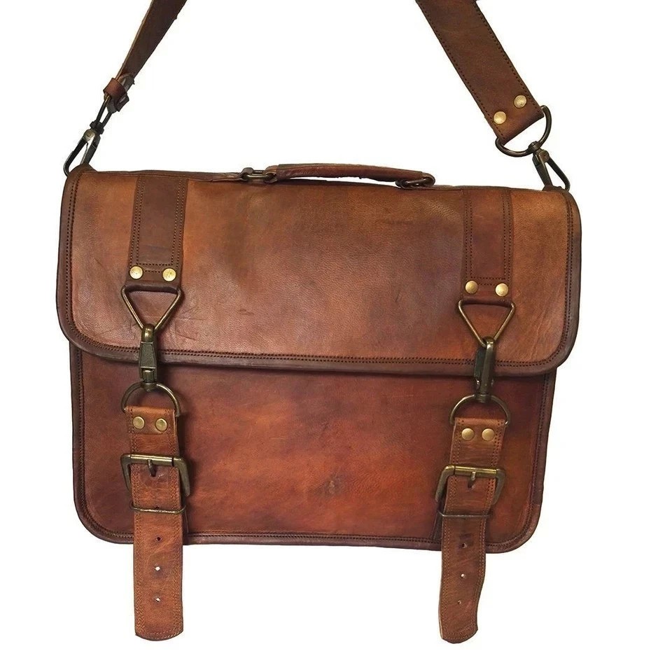 15″ Goat Leather Laptop Briefcase Men’s Messenger Office Work Large Bag