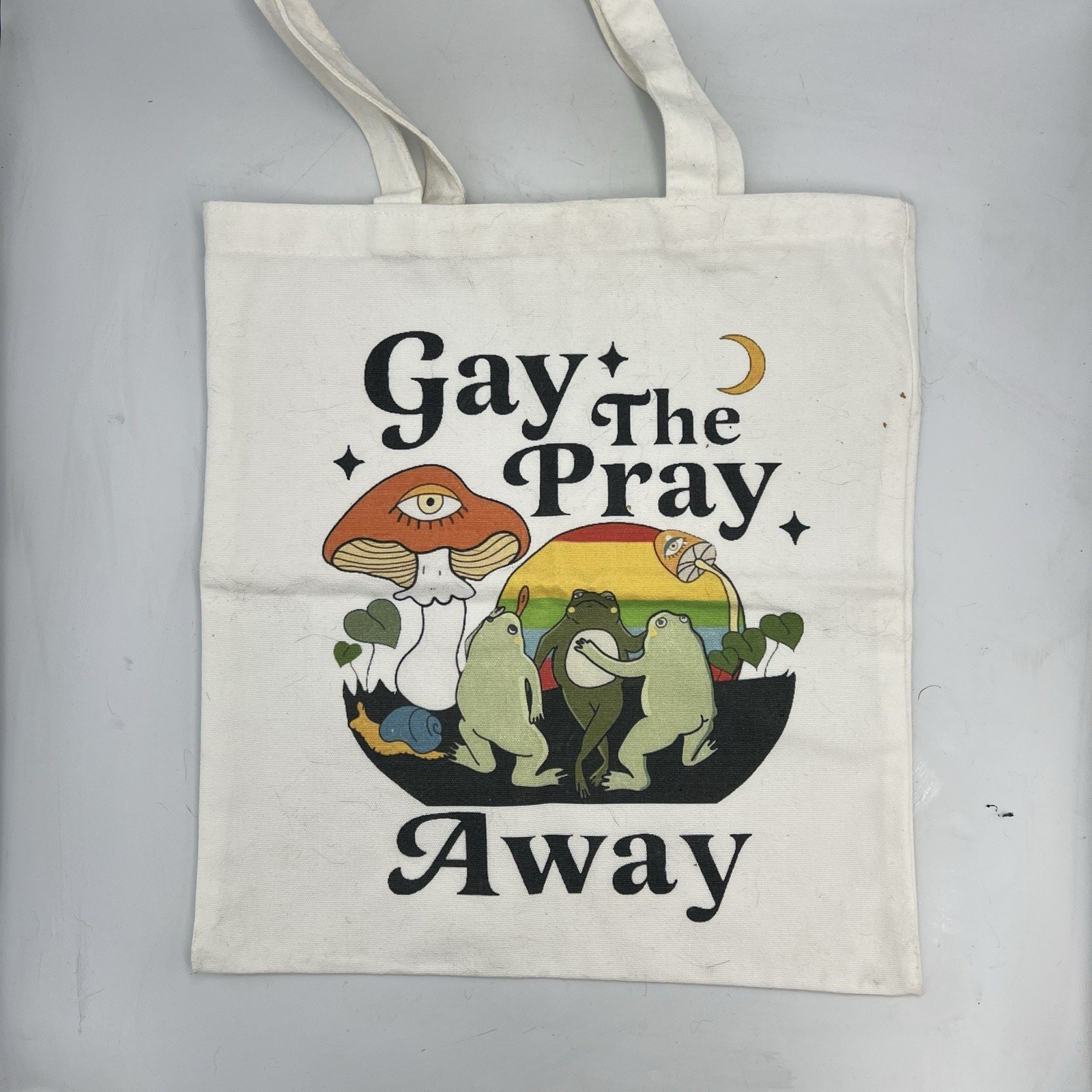 “Gay The Pray Away” Canvas Tote Bag Cloth Shopping Bag LGBTQ+ Frog Mushroom