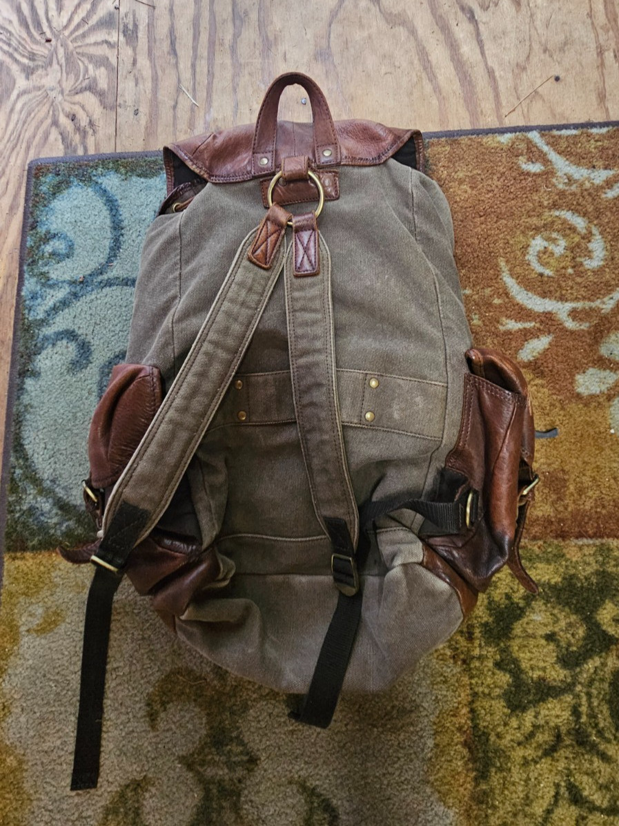 Vintage Distressed Brown Leather & Green Canvas Large Heavy Duty Backpack