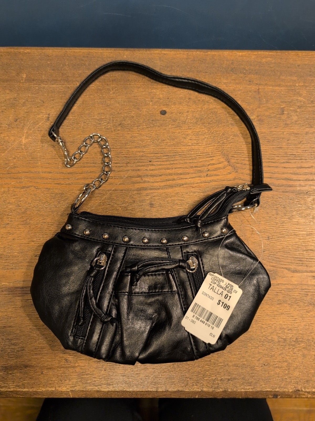 Shiny Black Faux Patent Leather Shoulder Bag Multiple Pockets Studded Accents