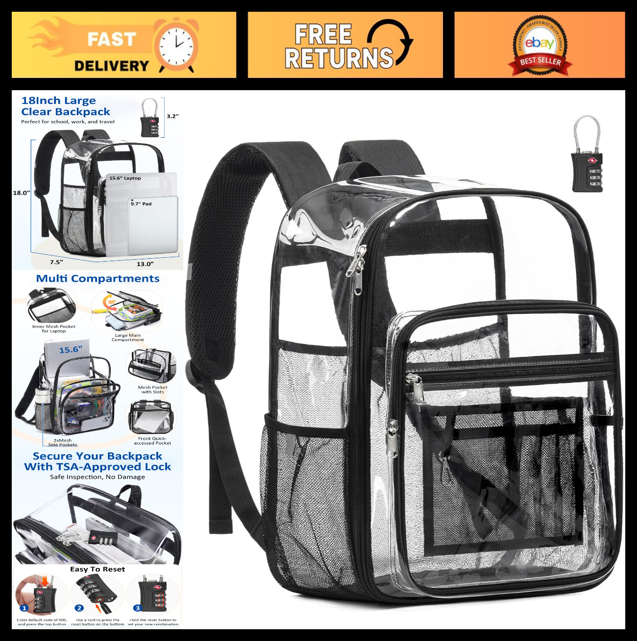 Extra Large Clear Backpack with TSA Lock – Heavy Duty Transparent Bookbag for Co