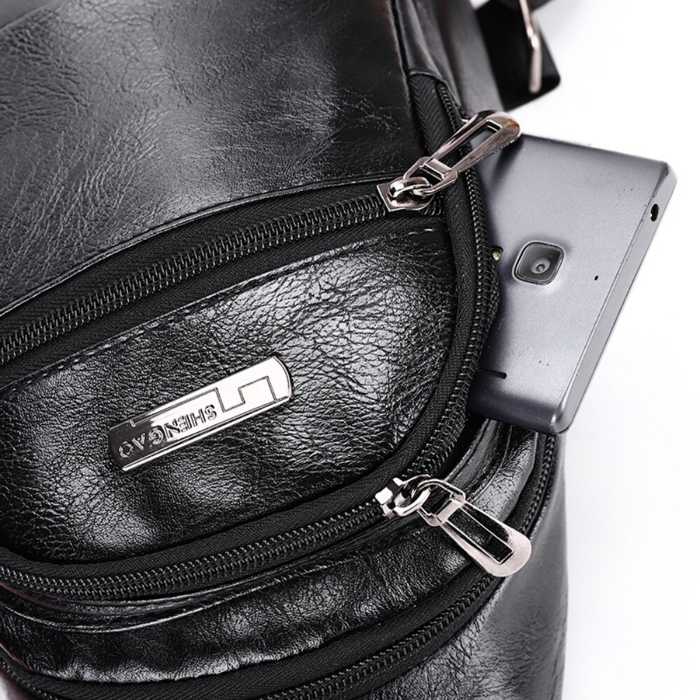 Men Leather Sling Bag Chest Shoulder Crossbody Backpack USB Charging Port Travel