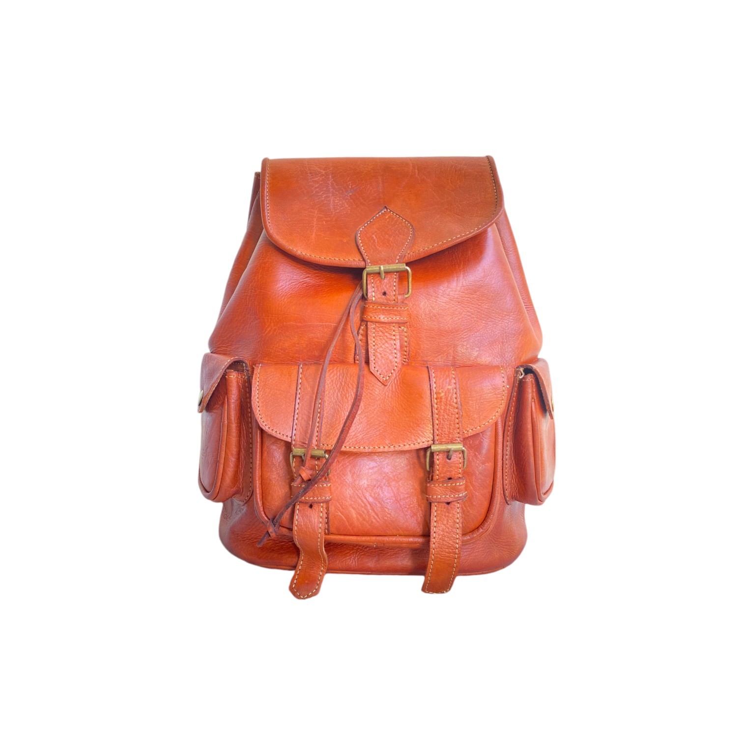 Cognac Leather Backpack Handmade Morocco 2 Pockets Genuine Leather Bag