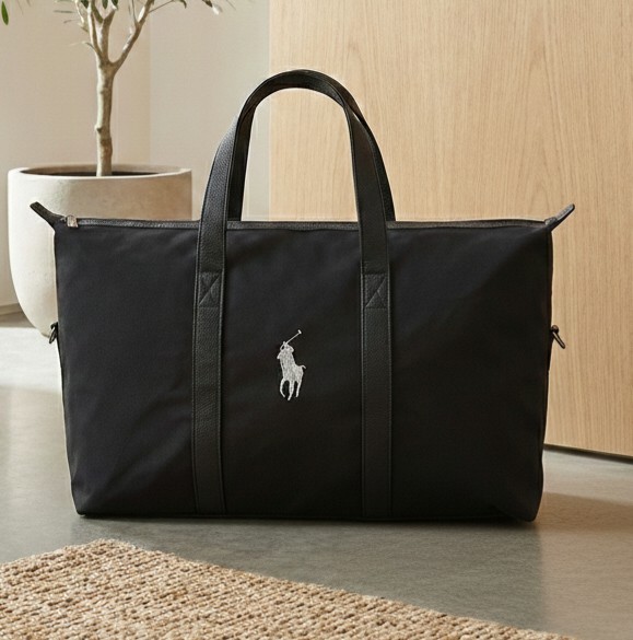 Ralph Lauren Black Duffle Bag w/ Silver Polo Pony Horse Logo New