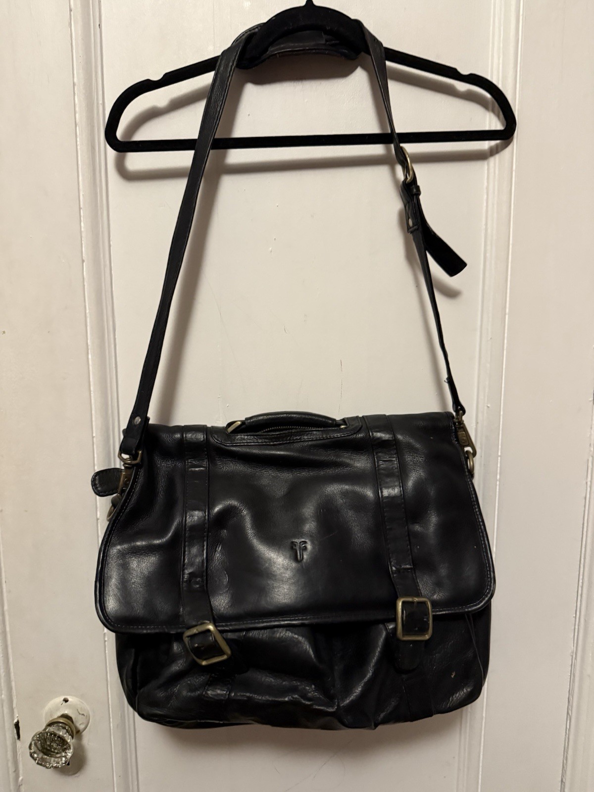 Unisex FRYE Black Leather Satchel Logan Case Organizer Zip Compartments