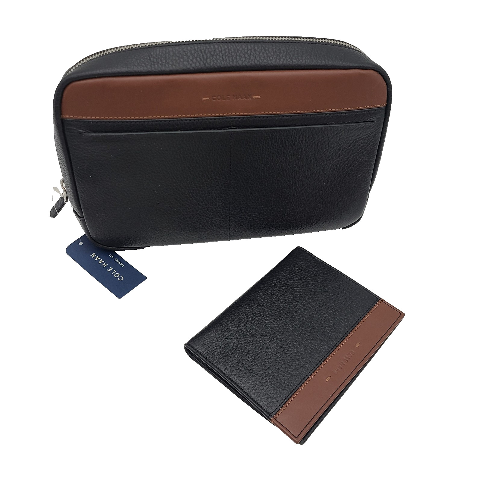 NEW Cole Haan Men’s Two Tone Top Zip Leather Toiletry Bag & Passport RFID Wallet