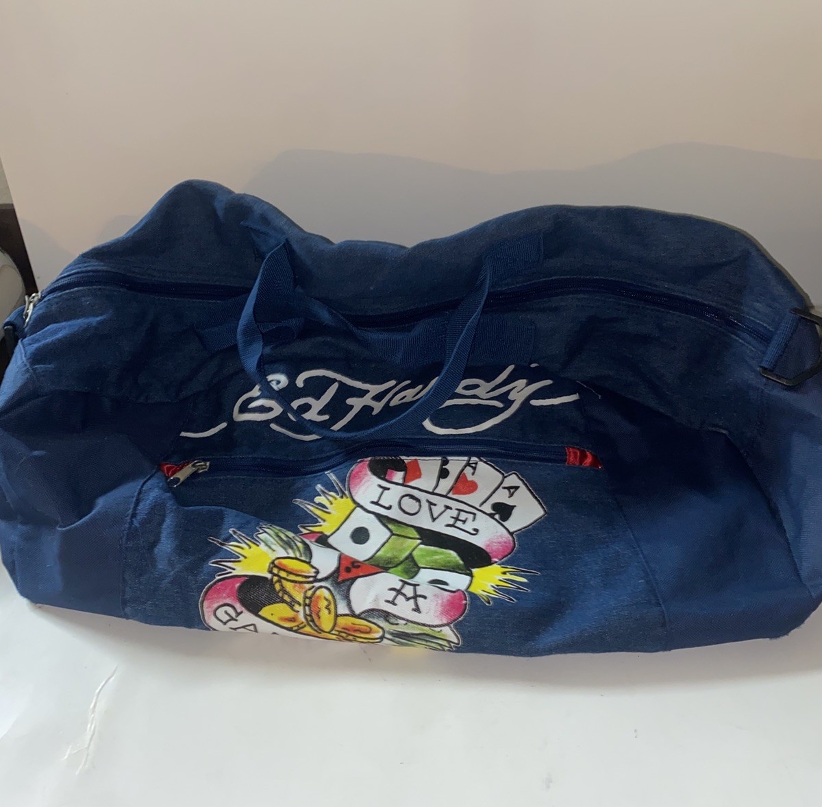 Ed Hardy Love is a Gamble Blue Zip Denim/Canvas Duffel Travel Gym Bag.