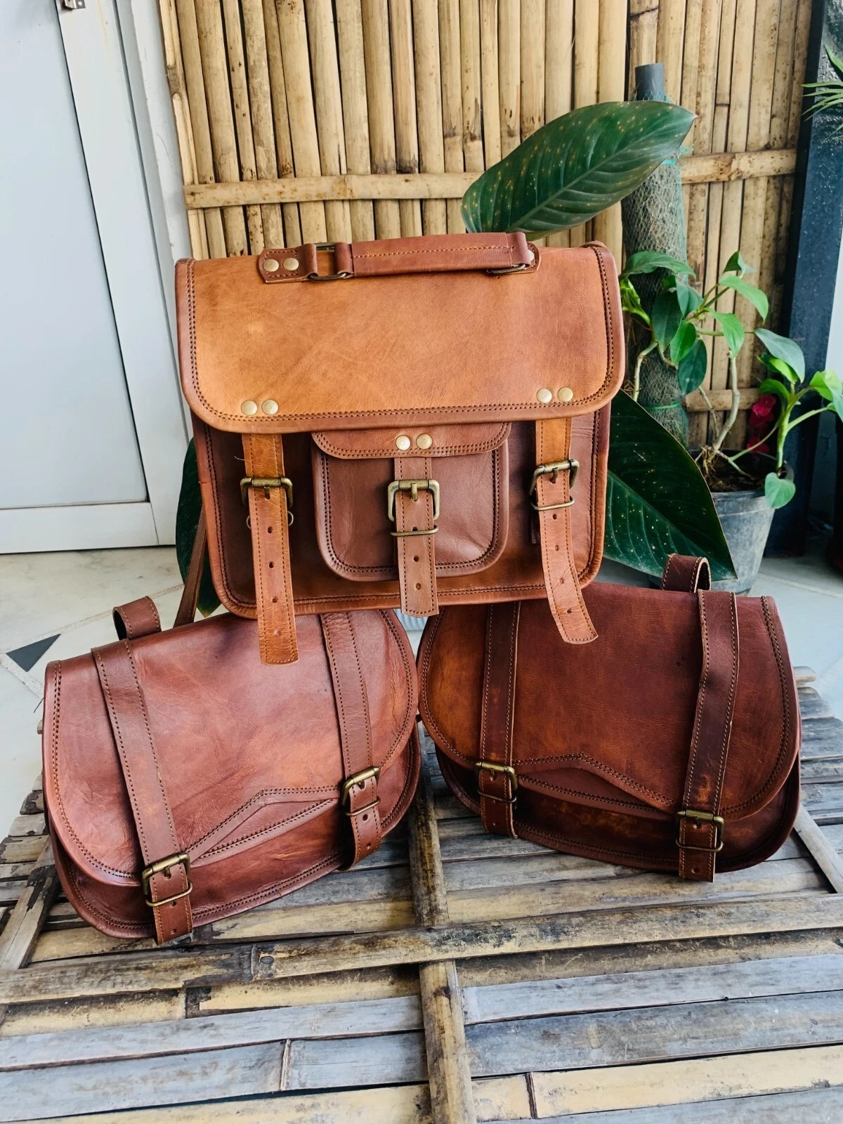 Genuine Goat Leather Messenger Satchel Black motorcycle bag Free Perfect Combo