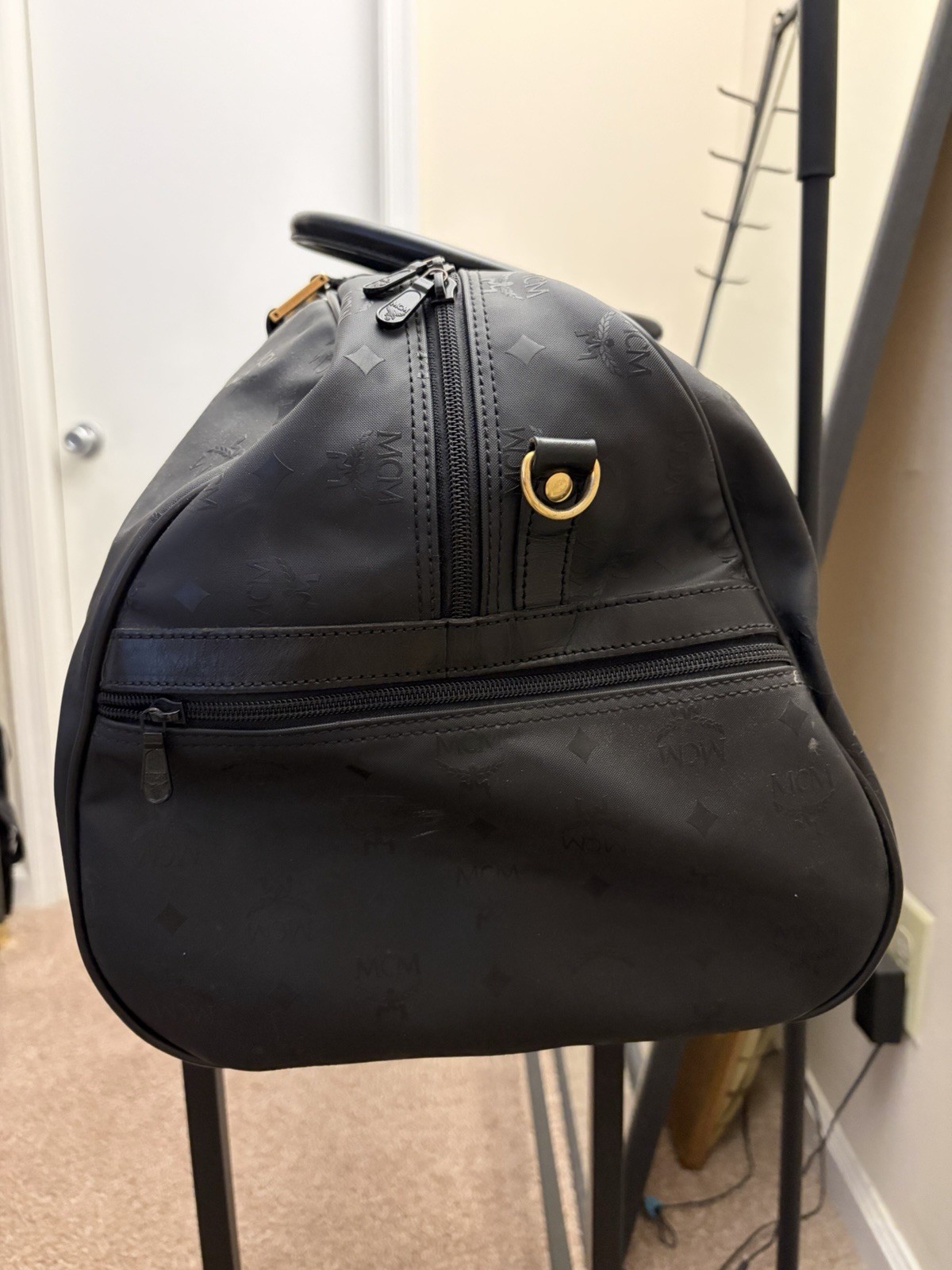 Vintage MCM Germany Visetos Black Leather Coated Large Duffle Boston Travel Bag
