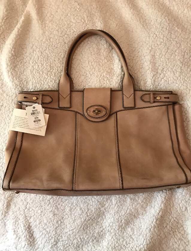 $175 FOSSIL – Beige Leather Briefcase Satchel Laptop Bag Bag Unisex