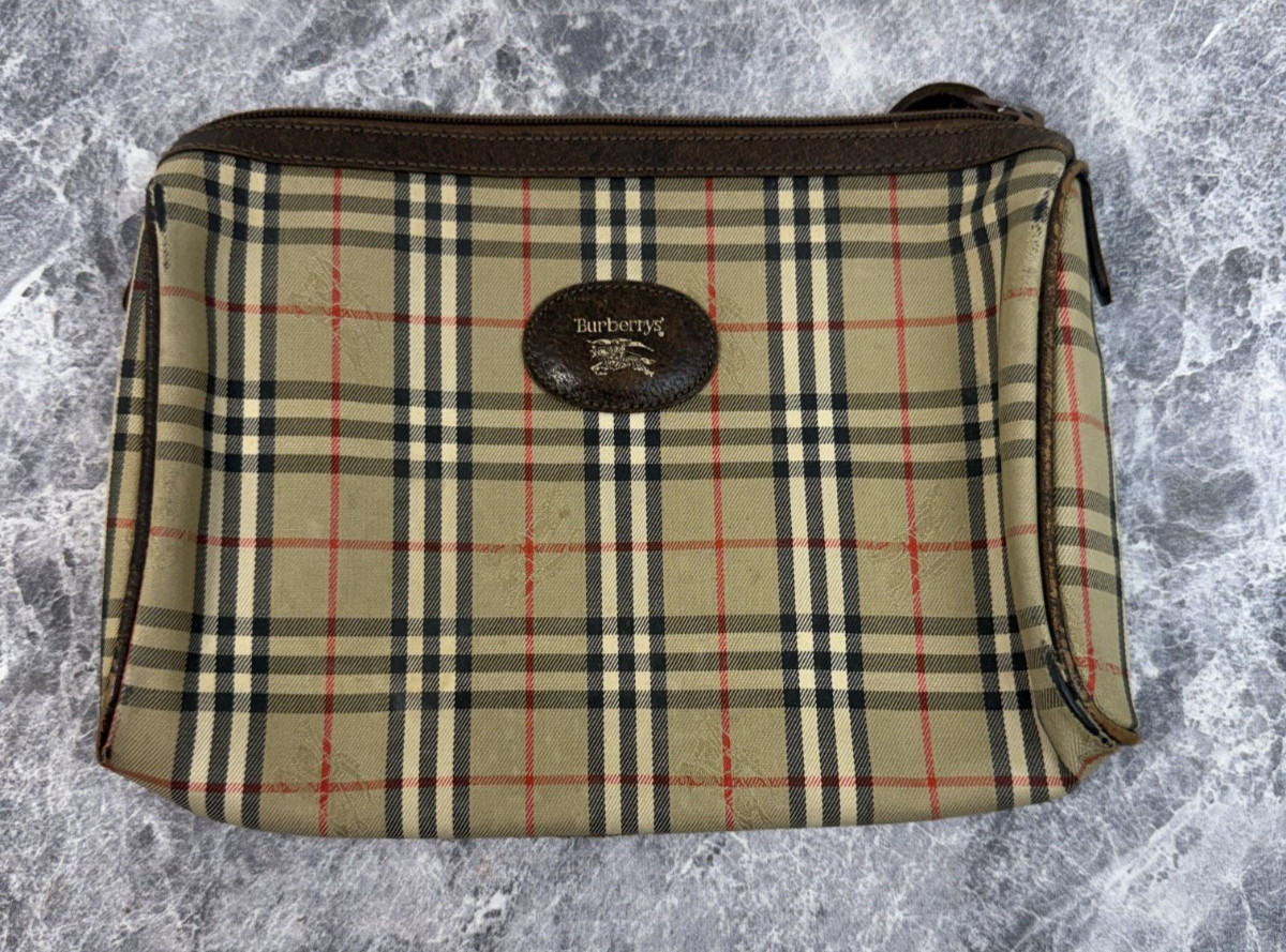 Vintage Burberrys Nova Check Zip Cosmetic / Toiletry Travel Pouch Brown Trim
