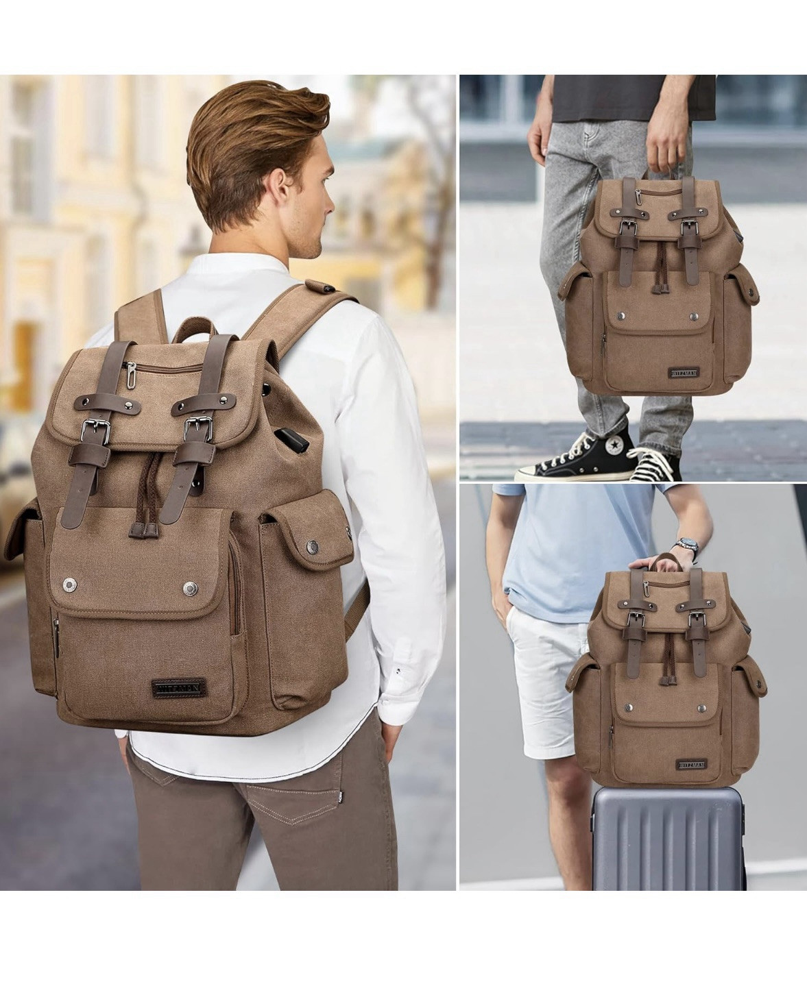 WITZMAN Backpack Canvas Travel Backpack Vintage For Men Brown
