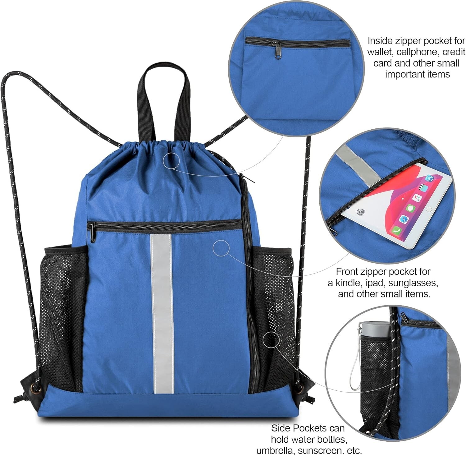Spacious Drawstring Sports Backpack with Five Pockets & Machine Washable Design