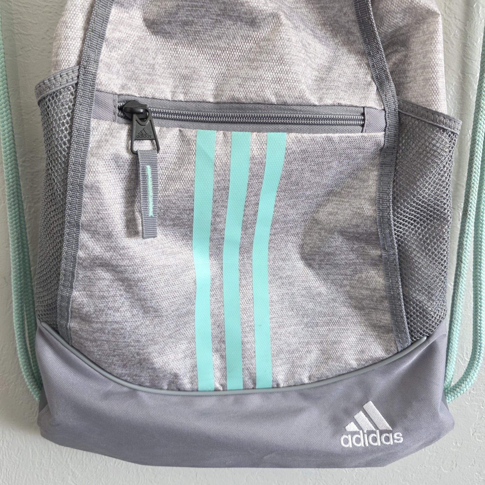 Adidas Unisex Alliance II Drawstring Backpack Gray Teal Bag w/ Lined Pockets