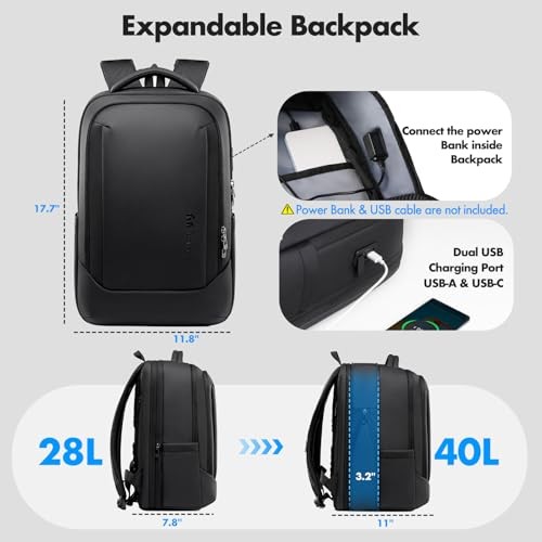 Expandable 16 Inch Laptop Backpack 40L Black USB Port Carry On